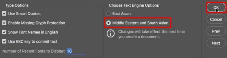בחרו באפשרות של תמיכה בשפות מהמזרח התיכון