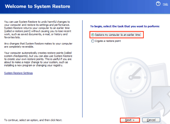 בחרו באפשרות לשחזור המחשב לנקודת זמן מוקדמת windows xp
