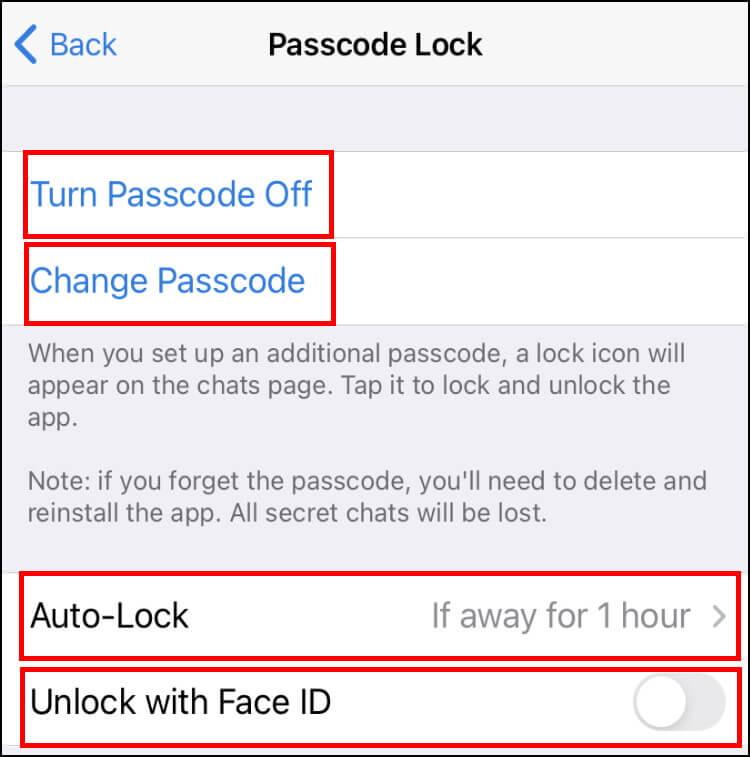 הגדרות Passcode Lock באפליקציית טלגרם באייפון