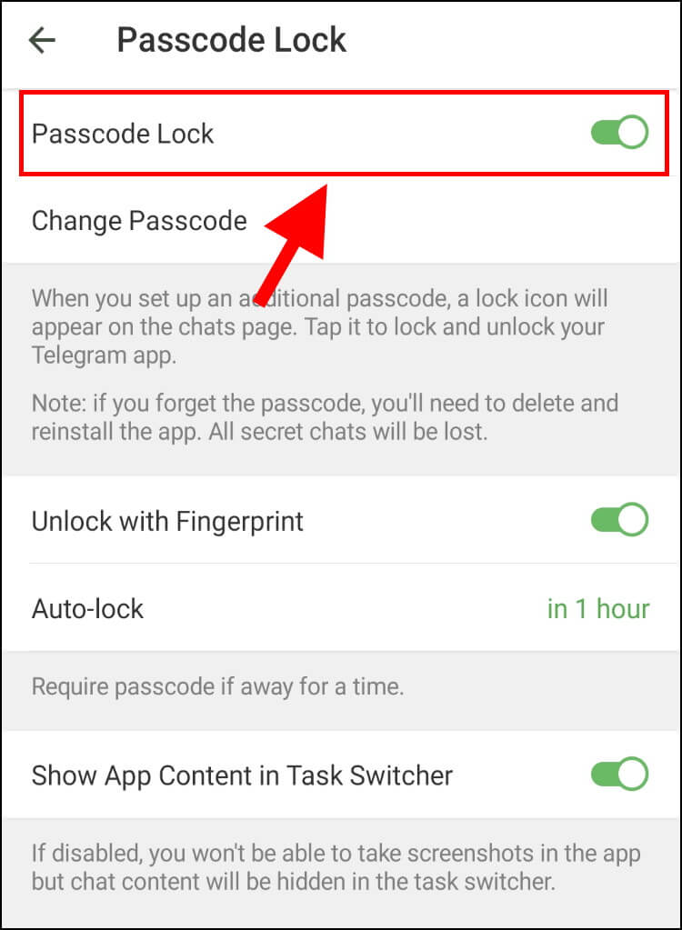 נעילת אפליקציית טלגרם באנדרואיד על ידי הפעלת האפשרות Passcode Lock