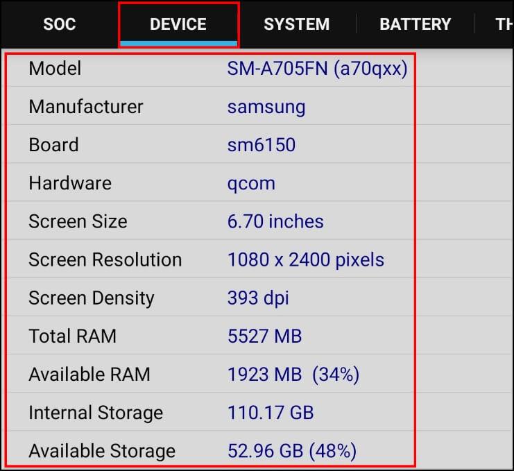 מידע אודות הסמארטפון כמו שם הדגם המלא, שם היצרנית, כמות זיכרון ה- RAM וזיכרון האחסון