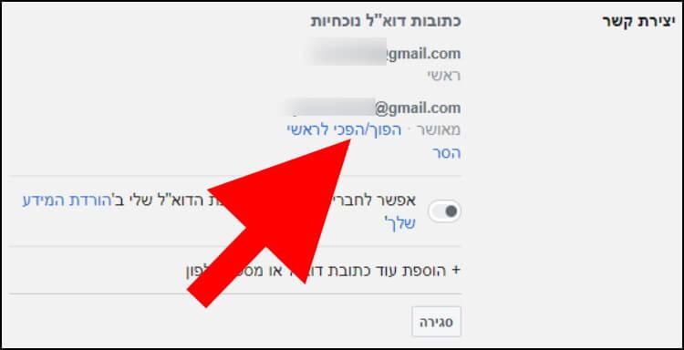 איך הופכים את כתובת הדואר האלקטרוני החדשה לכתובת הראשית של חשבון הפייסבוק