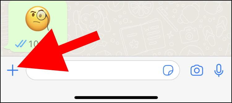 באפליקציית וואטסאפ באייפון לחצו על הפלוס שנמצא ליד חלונית ההודעה כדי לשלוח קבצים גדולים