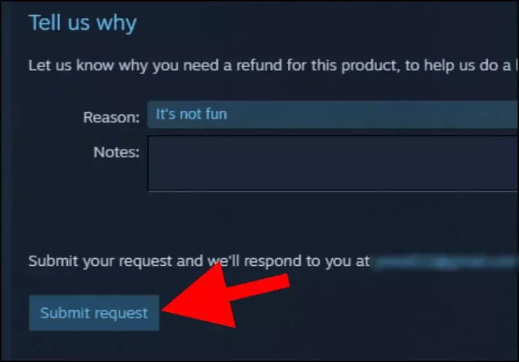 שליחת הבקשה ל- Steam להחזר כספי