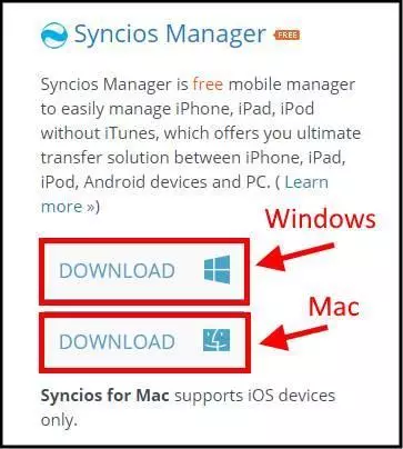 הורדת התוכנה Syncios למערכות הפעלה Windows או Mac