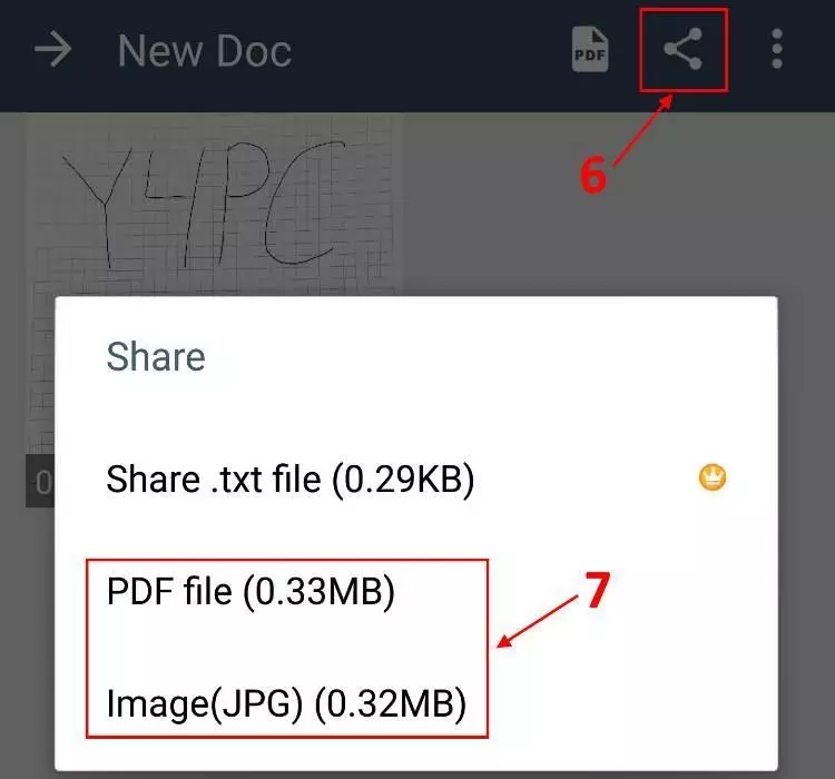 שיתוף המסמך כקובץ PDF או כתמונה