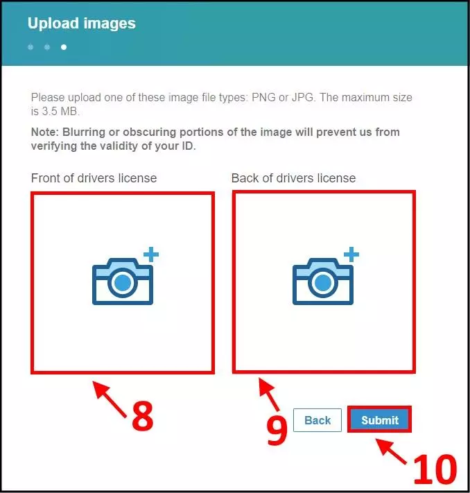 שילחו תמונות של החלק הקדמי והאחורי של רישיון הנהיגה שלכם