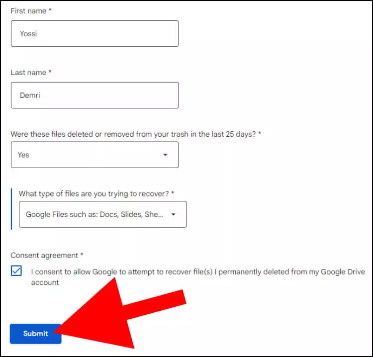 לחצו על לחצן ה- "Submit" כדי לשלוח את הבקשה לשחזור קבצים לצוות התמיכה של גוגל