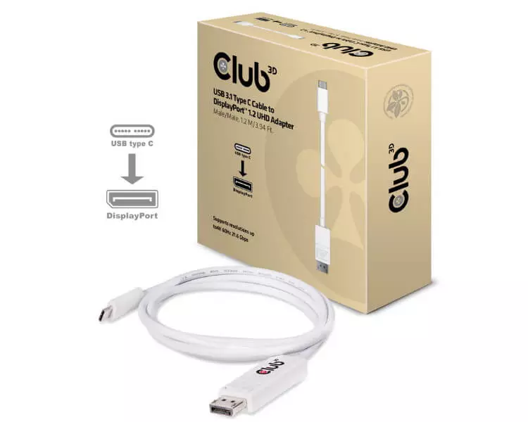 כבל USB-C ל- DisplayPort מומלץ באורך 1.2 מטרים לחיבור המחשב או הסמארטפון למסך חיצוני של Club 3D