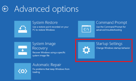 בחירה באפשרות Startup Settings או הגדרות אתחול/