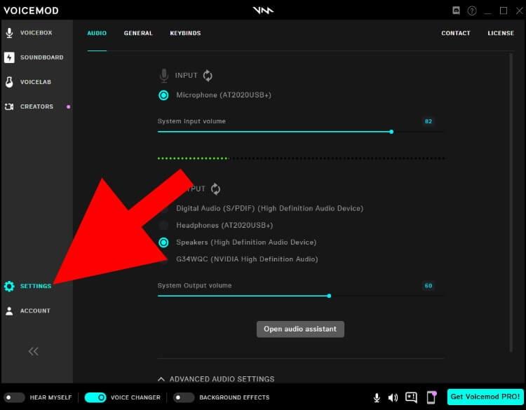לחצו על SETTINGS בתוכנה VOICEMODE כדי להיכנס להגדרות