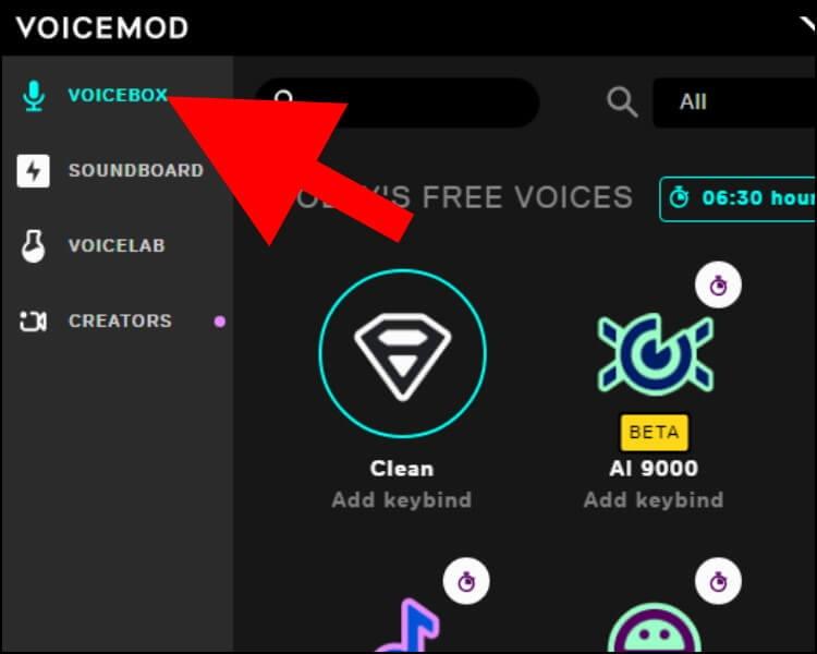 בתוכנה VOICEMODE לחצו על VOICEBOX כדי להשתמש בקולות החינמיים שהתוכנה מציעה