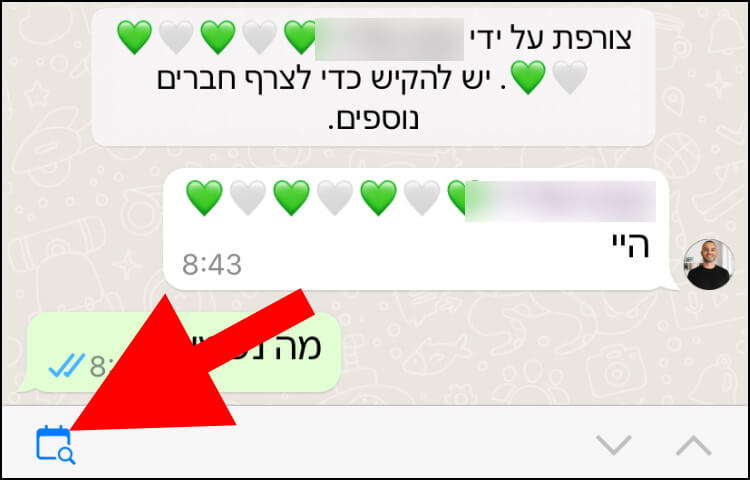 באפליקציית וואטסאפ לאייפון, לחצו על הלחצן חיפוש לפי תאריך