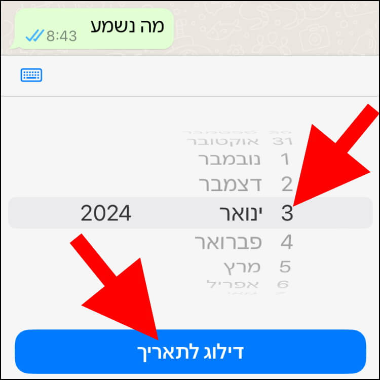 באפליקציית וואטסאפ לאנדרואיד, לחצו על לחצן דילוג לתאריך כדי להציג התכתבויות מהתאריך שבחרתם