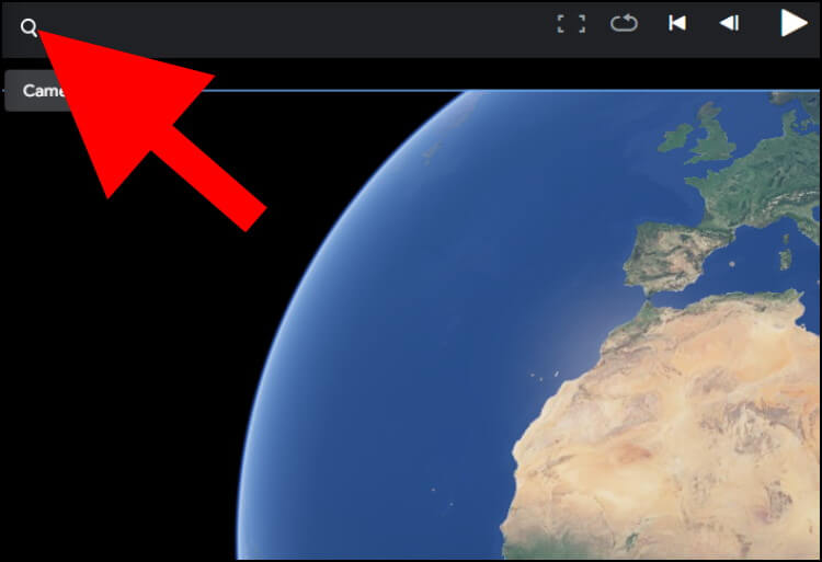 ב- Google Earth Studio לחצו על זכוכית המגדלת כדי לחפש ארץ או עיר מסוימות