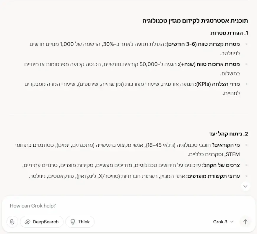 ביקשנו מ- Grok 3 לבנות תוכנית עסקית למגזין טכנולוגיה