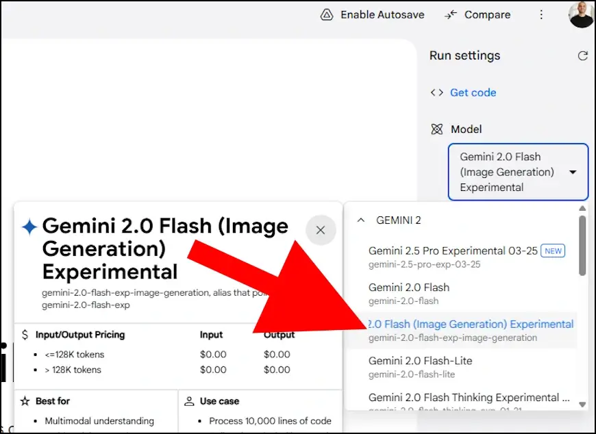 בחרו ב- Gemini 2.0 Flash (Image Generation) Experimental