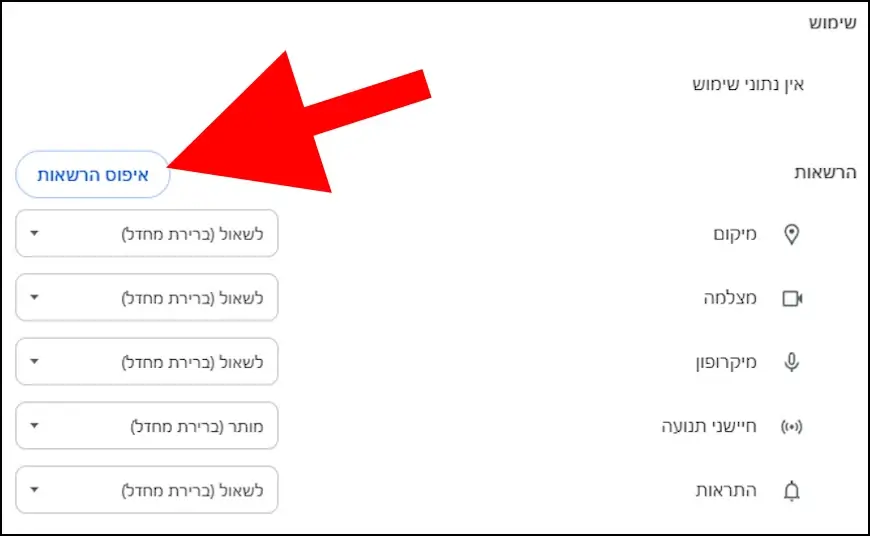 לחצן איפוס הרשאות בדפדפן גוגל כרום