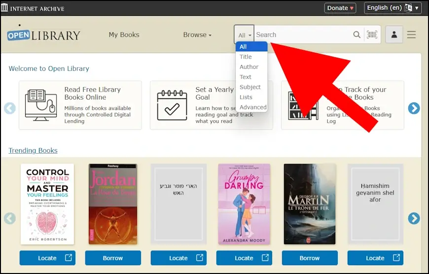 חיפוש ספרים ספציפיים באתר Open Library