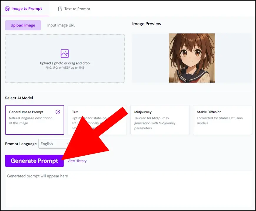 לחצו על Generate Prompt כדי לראות את הפרומפט שיצר את התמונה