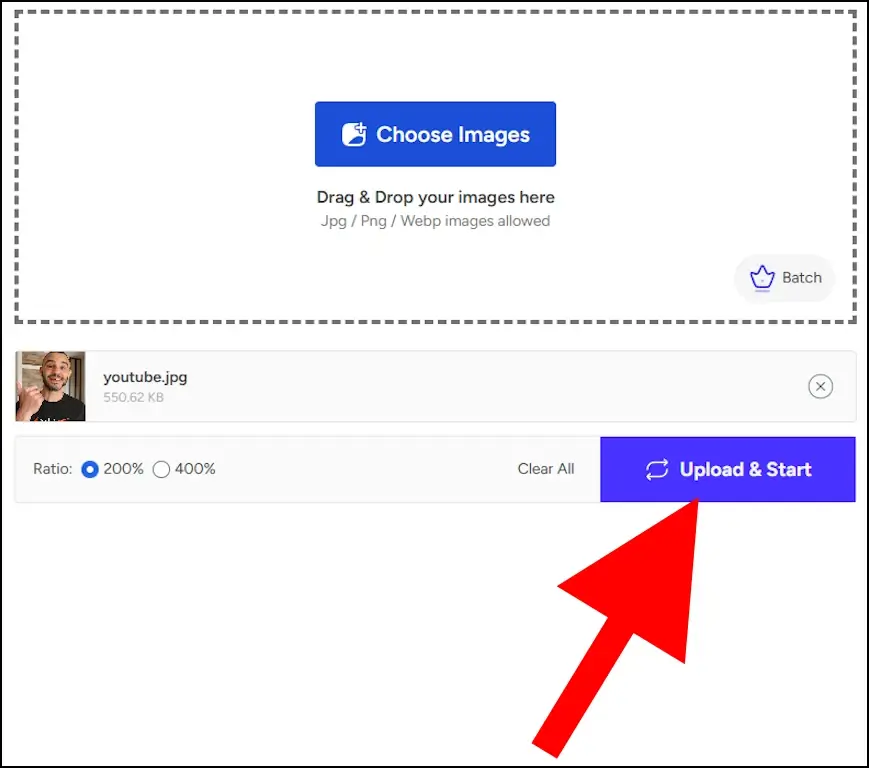לחצו על לחצן "Upload & Start" כדי לשפר את האיכות של התמונה שהעליתם