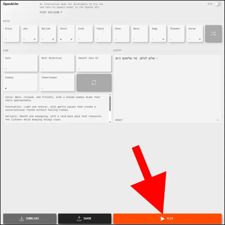 לחצו על ה- PLAY כדי להאזין לדיבור המלאכותי שיצרתם
