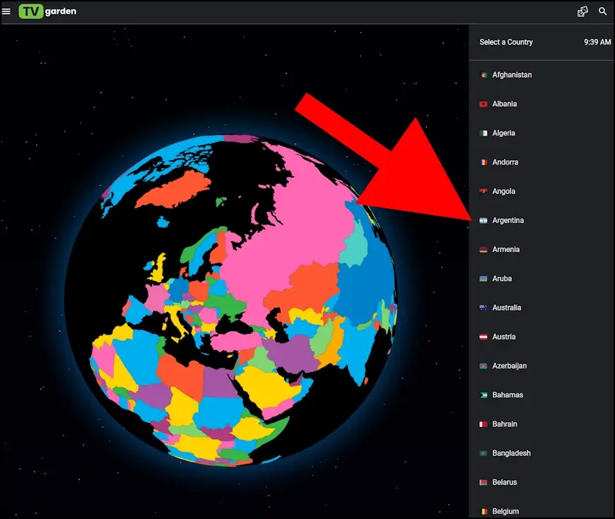 רשימת המדינות באתר TV Garden
