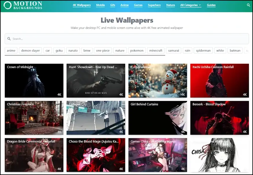 הרקעים המונפשים באתר Live Wallpapers