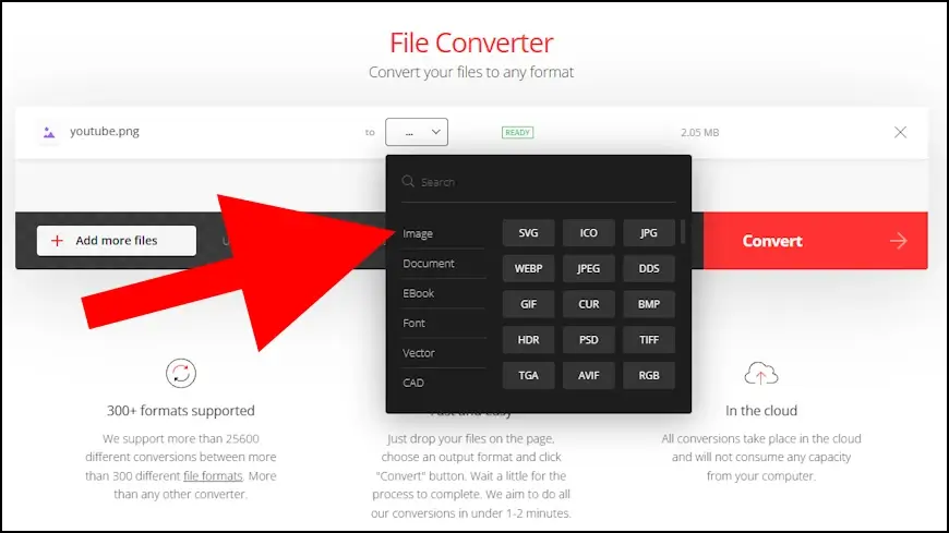 בחרו את הפורמט שאליו תרצו להמיר את הקובץ