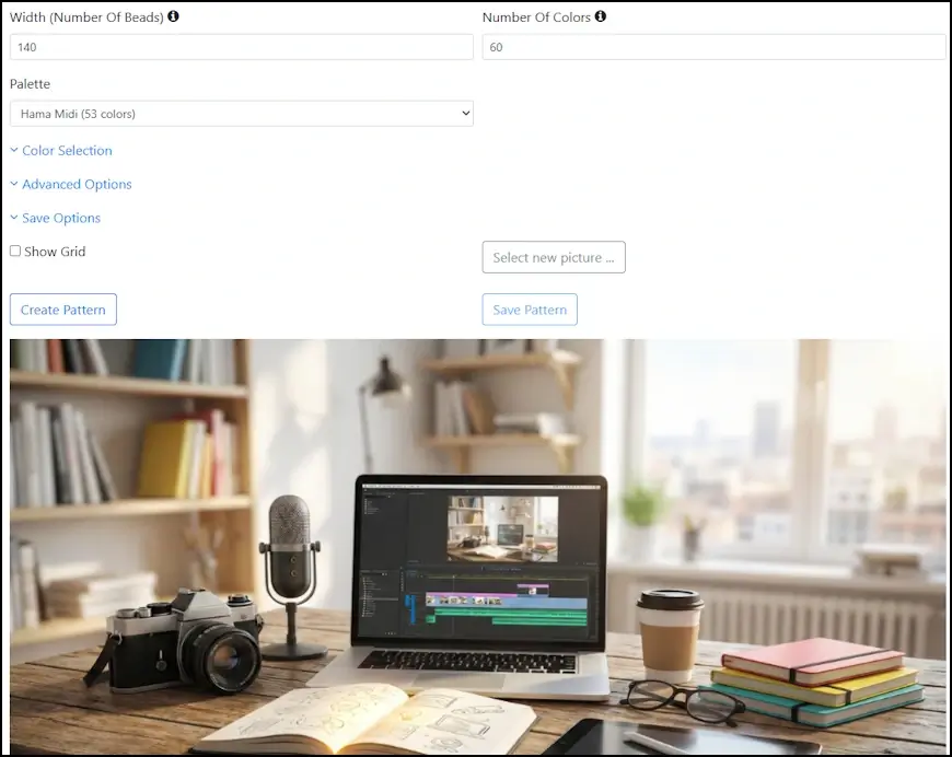 האפשרויות השונות שאתר Pixel-Beads מציע