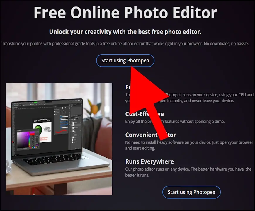 לחצו על "Start using Photopea"