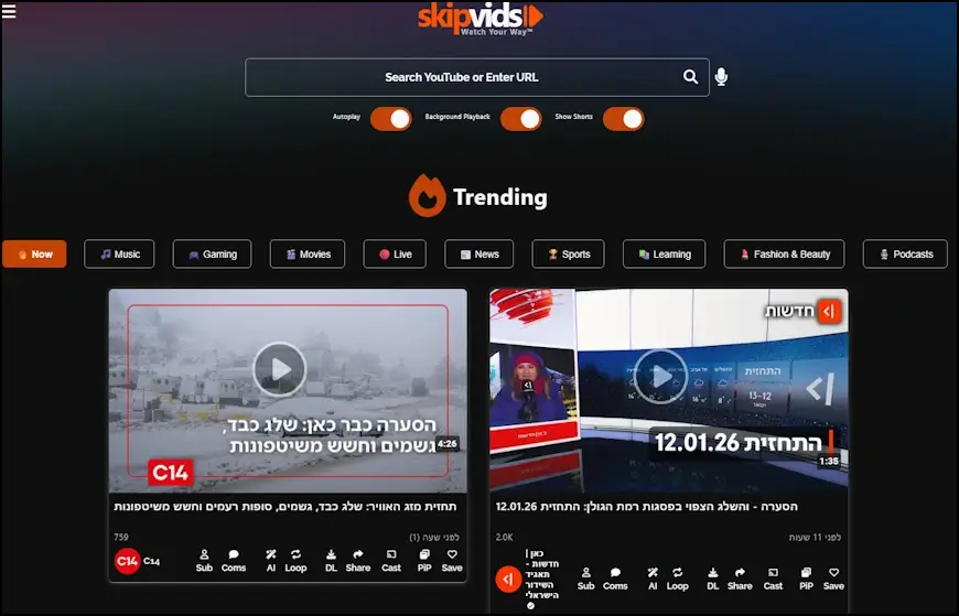 העמוד הראשי של אתר SkipVids