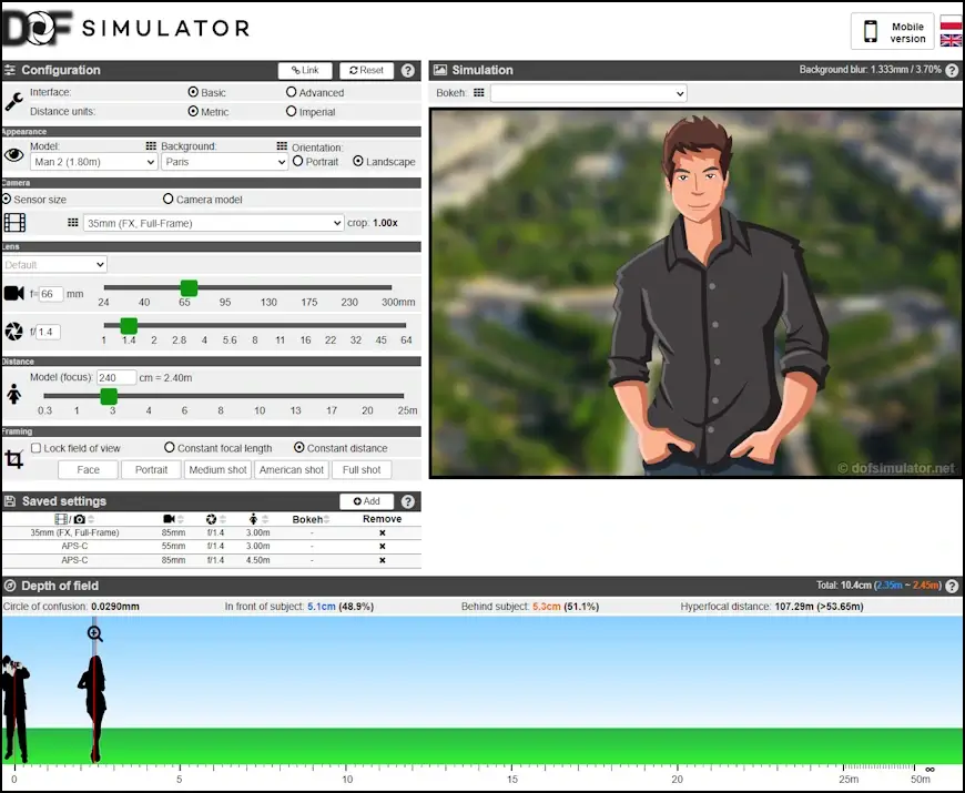 התנסות בהגדרות צילום באתר dof simulator
