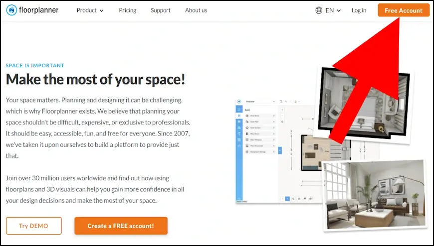 לחצו על Free Account באתר Floorplanner