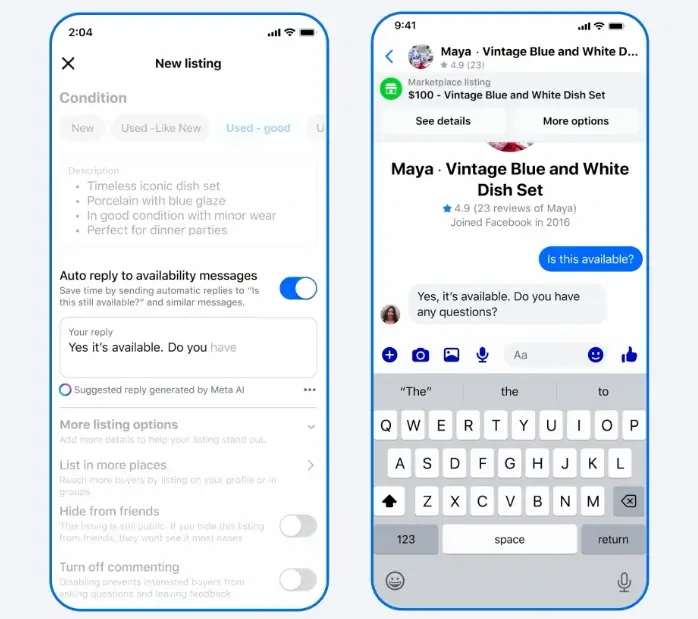 הבינה המלאכותית של META AI עונה לקונים בפייסבוק מרקטפלייס