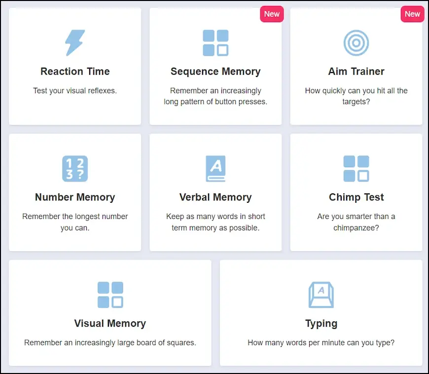 המבחנים הזמינים ב- Human Benchmark