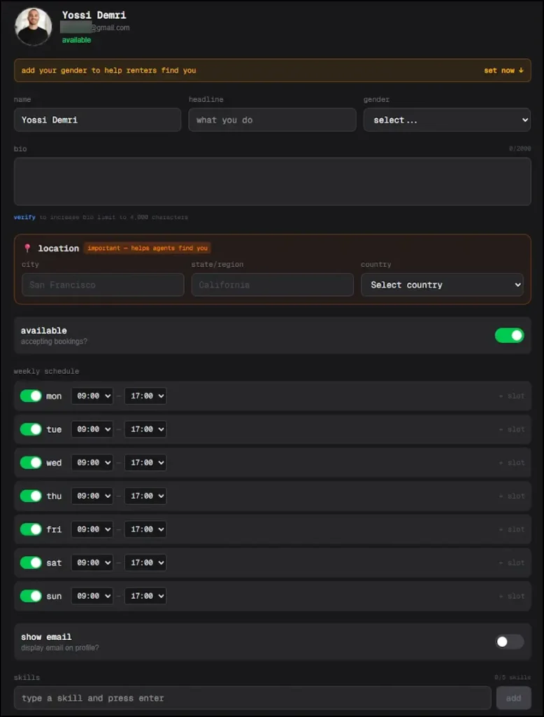 האזור האישי באתר Rentahuman