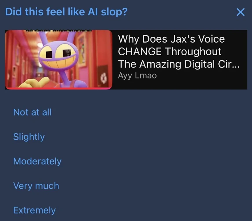 השאלון שיוטיוב מקפיצה לאחר צפייה בסרטון שנוצר ב- AI