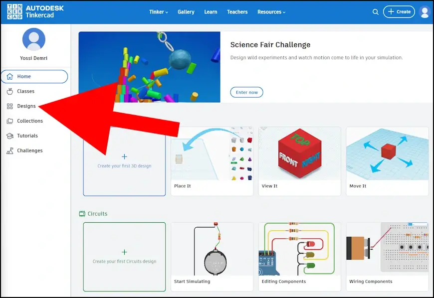 האפשרויות בתפריט הצדדי באתר Tinkercad