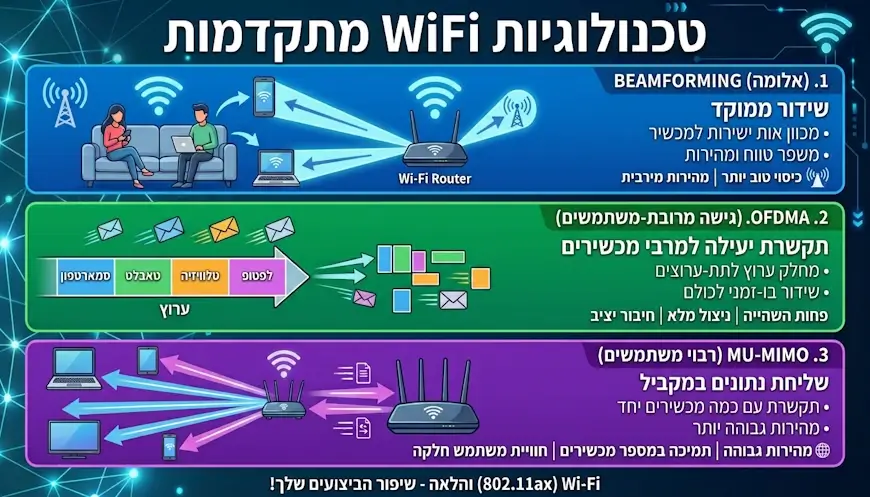 הסבר על טכנולוגיות WiFi כמו Beamforming, MU-MIMO ו- OFDMA